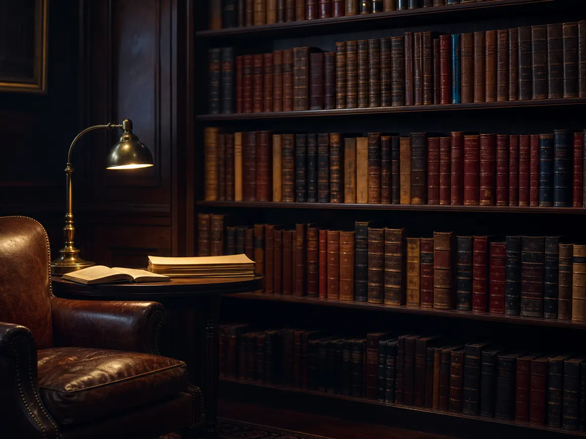 Heritage law-firm library — leather-bound volumes, brass desk lamp pooling warm light over a single chair